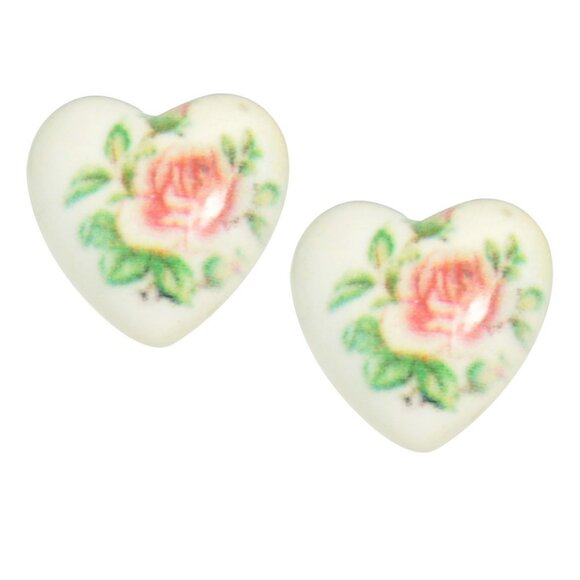 Porcelain Hand Painted Heart Glitter Rose Topaz Stud Earrings Set - Picture 4 of 5